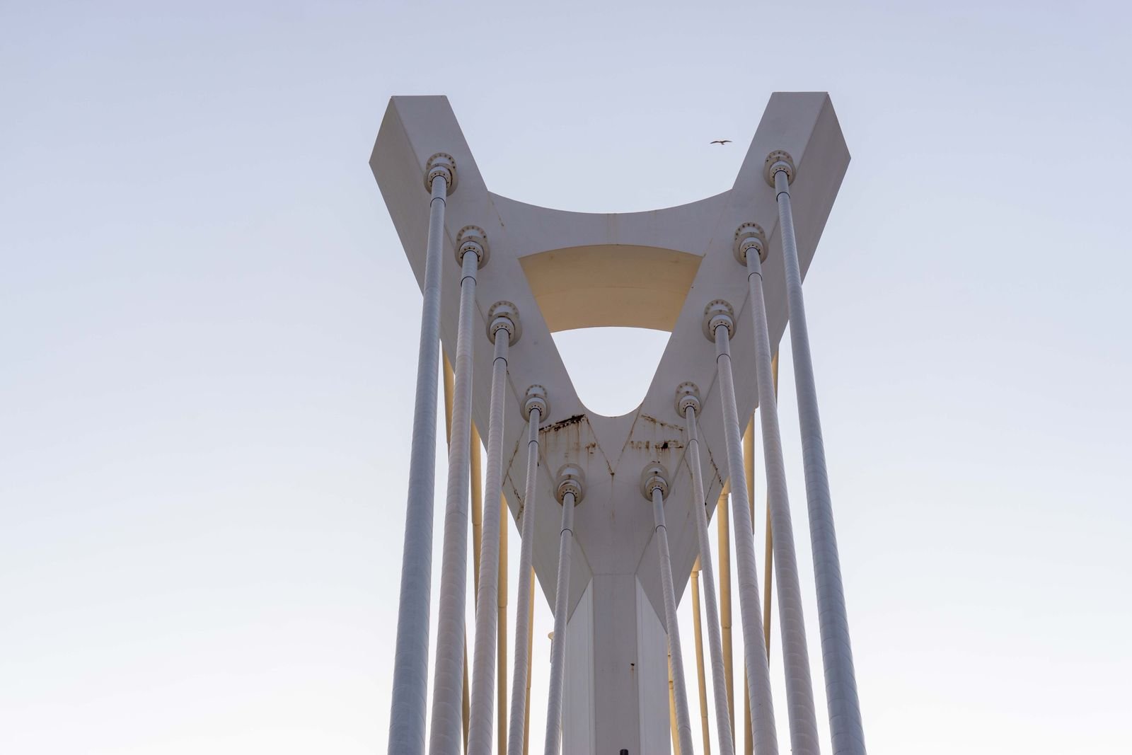 Tiang dan kabel jembatan modern dilihat dari dekat, ilustrasi audit struktur jembatan berkala